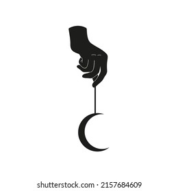 Human hand holding crescent moon, outline boho vector illustration