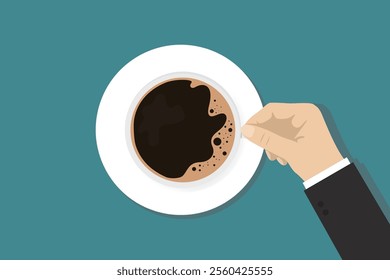 Human hand holding cup of coffee. Businessman with coffee mug. The concept of taking a break. Time out. Morning coffee. Top view. flat vector illustration