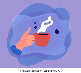 Human hand holding cup full of hot black coffee. Person drinking beverage with steam for breakfast flat vector illustration. Coffee break concept for banner, website design or landing web page