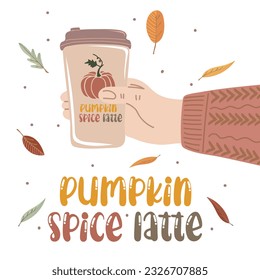 Human hand holding cup of hot drink. Pumpkin spice latte with whipped cream and cinnamon. Vector illustration