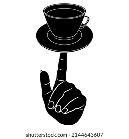 Human hand holding cup and saucer index fingertip  Creative funny beverage design  Black   white silhouette 