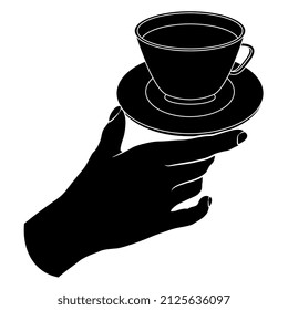 Human hand holding cup of tea or coffee. Creative beverage concept. Black and white silhouette.