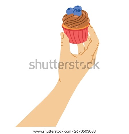 Human hand holding cupcake with blueberry and cream. Holiday dessert vector illustration with gesture isolated on white background.