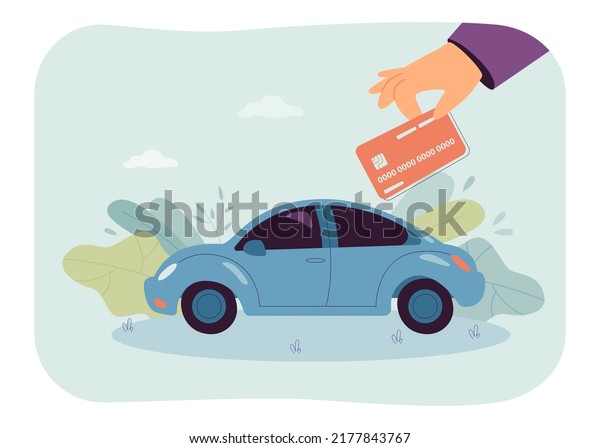 Human hand holding debit card above car flat vector\
illustration. Person buying automobile, paying by credit card.\
Payment, purchase, transport concept for banner, website design or\
landing web page