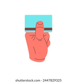 Human hand holding debit credit card shopping payment concept icon vector flat illustration. Cartoon male arm showing plastic cashless banking financial paying e money purchase commercial technology