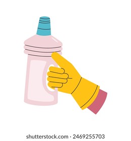Human hand holding detergent bottle. Cleaning tool. Clean home equipment. Flat vector illustration isolated on white background.
