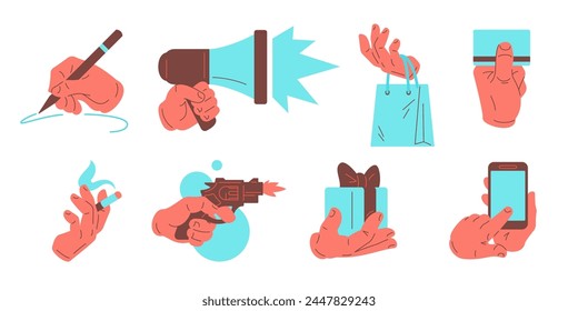 Mano humana sosteniendo diferentes cosas gran conjunto icono Vector ilustración plana. Brazo de dibujos animados masculino con lápiz lápiz megáfono bullhorn bolso de compras tarjeta bancaria fumar cigarrillo disparo de la pistola caja de regalo smartphone