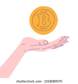 Human hand holding digital currency. Mining crypto currency. Golden coin with bitcoin emblem. Virtual Money. Vector illustration in flat style isolated on white background