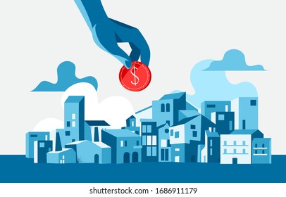 Human hand holding a dollar coin. Cityscape, buildings, cloudy sky background. Vector illustration