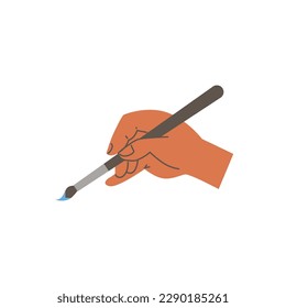 Human hand holding drawing art brush flat cartoon vector illustration isolated on white background. Watercolor drawing and lettering art symbol or sign.
