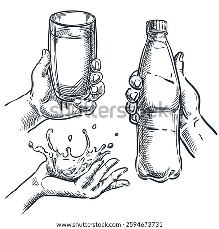 Human hand holding drinking glass, plastic bottle and water splash. Vector hand drawn sketch illustration. Pure mineral drinking water design elements isolated on white background