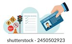 Human hand holding driver license card.Driving school banner with car and traffic sign.Traffic rules. Road signs. Education and drive lesson.Vector illustration.