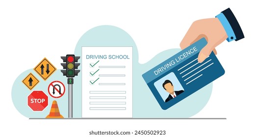 Human hand holding driver license card.Driving school banner with car and traffic sign.Traffic rules. Road signs. Education and drive lesson.Vector illustration.