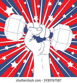 Human hand holding dumbbells, sports themed retro illustration.