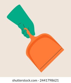 Human hand holding dustpan. Colorful vector illustration