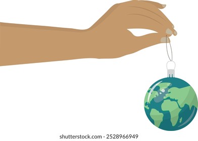 Mão Humana Segurando a Terra Ornamento de Natal Bauble. consciência ambiental global. Natal sustentável. Vetor de práticas ecológicas. 