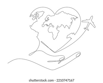 Human hand holding Earth with flying airplane continuous line art drawing. World map in heart shape. Travel love linear concept. Vector illustration isolated on white.