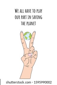 Human hand holding Earth. Global warming and climate change concept. Save the Earth. Rising temperatures. Poster, cover, card, banner, infographic, print design. Hand drawn vector illustration