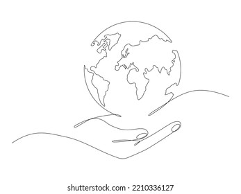 Mano humana sosteniendo el dibujo de línea continua del globo terrestre. Ahorro del concepto lineal del planeta. Ilustración vectorial aislada en blanco.