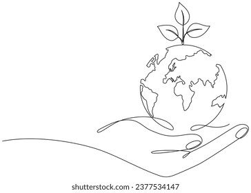 Human hand holding Earth globe with leaves continuous line drawn. Linear world map with plant. Save Planet concept. World environment day symbol. Vector illustration isolated on white.