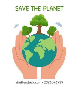 Human hand holding earth globe with trees. Concept of World Environment Day, Save the Earth, sustainability, ecological zero waste lifestyle.