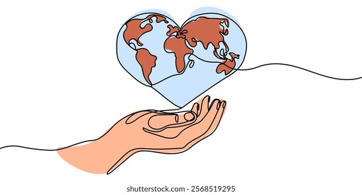 Human hand holding Earth globe continuous line art drawing. Save of Planet linear concept. Vector illustration isolated on white.