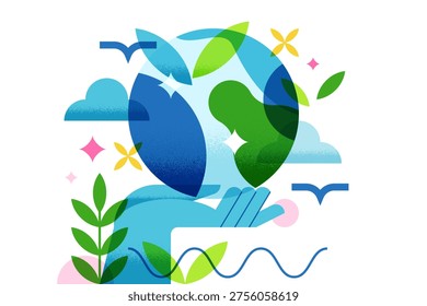 Human hand holding Earth planet, surrounded by leaves and clouds. Vector flat geometric illustration of environmental protection. Abstract concept for ecology, sustainability, global care