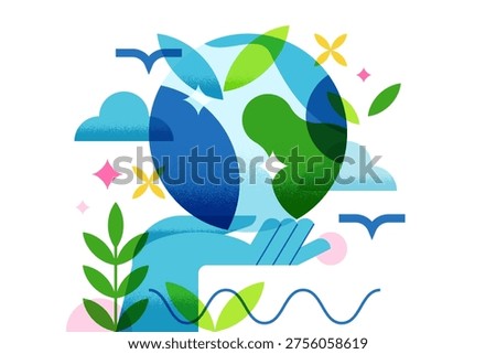 Human hand holding Earth planet, surrounded by leaves and clouds. Vector flat geometric illustration of environmental protection. Abstract concept for ecology, sustainability, global care