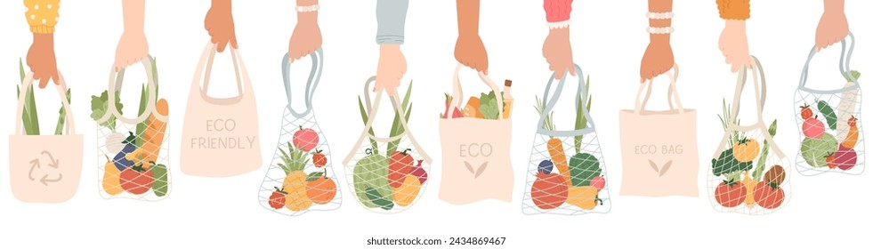 Mano humana sosteniendo bolsas ecológicas para productos de comestibles, cero paquete de residuos para la ilustración vectorial de alimentos orgánicos. Reutilizable paquete de plástico ecología libre y red para las compras aisladas sobre fondo blanco