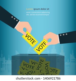 Human hand holding election vote ballot in ballot boxes, vote political design conceptual vector illustration.