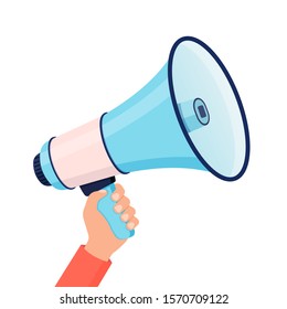 Human hand holding electronic megaphone, loudspeaker, horn speaker. Social media marketing announcement concept for website and promotion banners. Flat style vector illustration isolated on white.