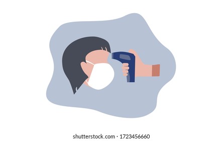 Human hand holding electronic thermometer checking body temperature at forehead for covid-19 influenza infection, human face flat vector wearing medical mask isolated on background for graphic design