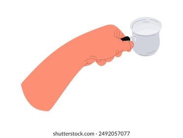 Human hand holding an empty coffee maker, about to brew coffee. A man holds a coffee maker in his hand, flat style illustration isolated on white background. Colored vector illustration