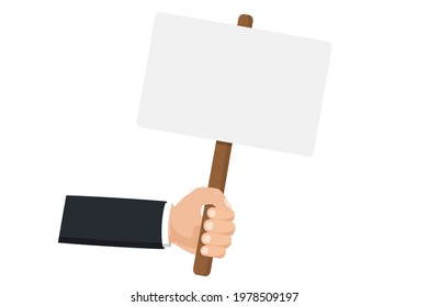 Human hand holding empty placard for banner design. Protest, political revolution, demonstrate, billboard. Poster banner design. Street demonstration concept. Struggle for rights concept