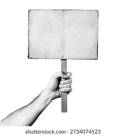 Mão humana segurando um cartaz vazio com espaço de cópia, ilustração em meio-tom preto e branco isolado no fundo branco para protesto, publicidade e mockup de mensagem.