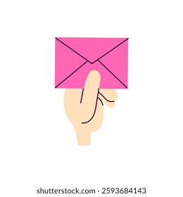 Human Hand holding Envelope. Finger gesture with paper letter. Send Receive Message postage symbol. Hand drawn vector illustration in flat style