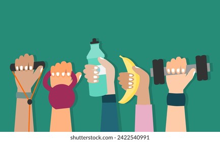 Human hand holding equipment for fitness workout and healthy lifestyle. Living healthy lifestyle concept. Vector illustration.