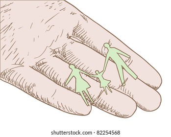 human hand holding family silhouette vector