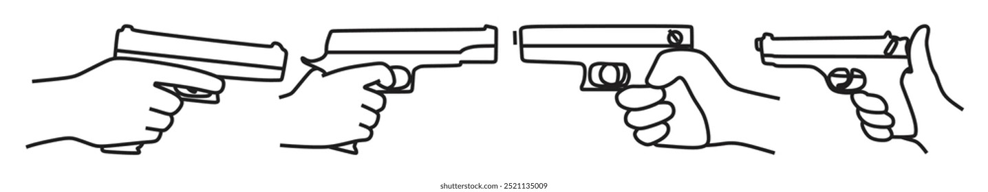Mano humana sosteniendo un arma de fuego, líneas de Vector negro, cuatro conjuntos de iconos, Imagen simple, arma