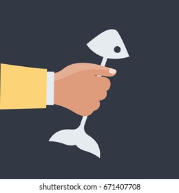 human hand holding a fish bone spine & skeleton flat design cartoon. waiter man Throws to trash or garbage in fish restaurant or sea food.