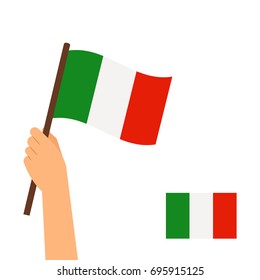 Human hand holding flag of Italy country isolated on white background. Vector illustration