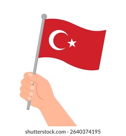 Human Hand Holding Flag of Turkey Country, Isolated On White Background. Vector Illustration