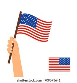 Human hand holding flag of USA country isolated on white background, vector illustration