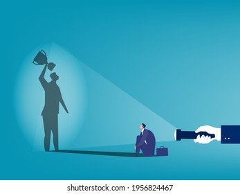 Human hand holding flashlight get award shadow business success concept vector illustrator.