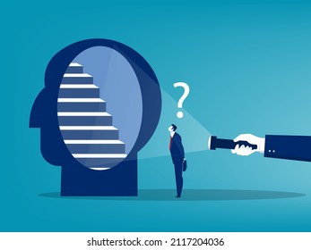 Human hand holding flashlight  stairs  direct walking forward business goal growth mindset concept vector illustrator.