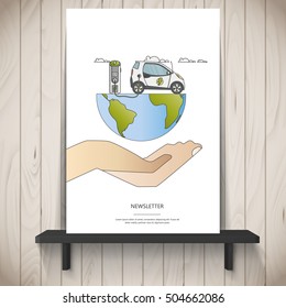 Human hand holding flat design of electric car on charging station. Vector eco landscape with electric car illustration.

