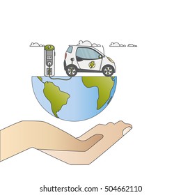 Human hand holding flat design of electric car on charging station. Vector eco landscape with electric car illustration.

