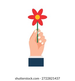 Mão humana segurando flor ícone plano para a natureza amor e conceitos de presente no fundo branco