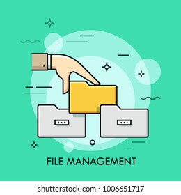 Human hand holding folder symbols. Concept of file management, keeping digital information in order, data storage. Multicolored vector illustration in thin line style for web banner, advertisement.