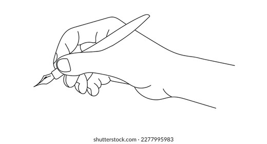 A human hand holding a fountain pen, an isometric icon on a white background. Vector contour illustration. Drawing line